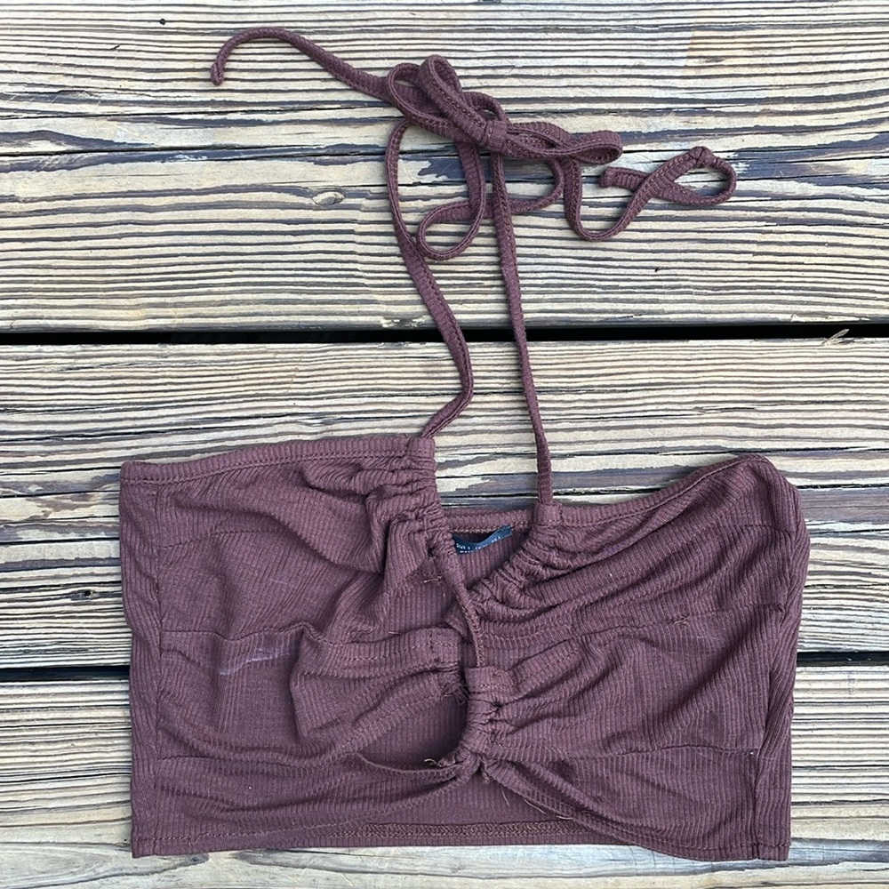 Brown Tie-Front Halter Neck Crop Top